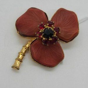 West Germany Red Floral Clover Pin Brooch with Red Stones